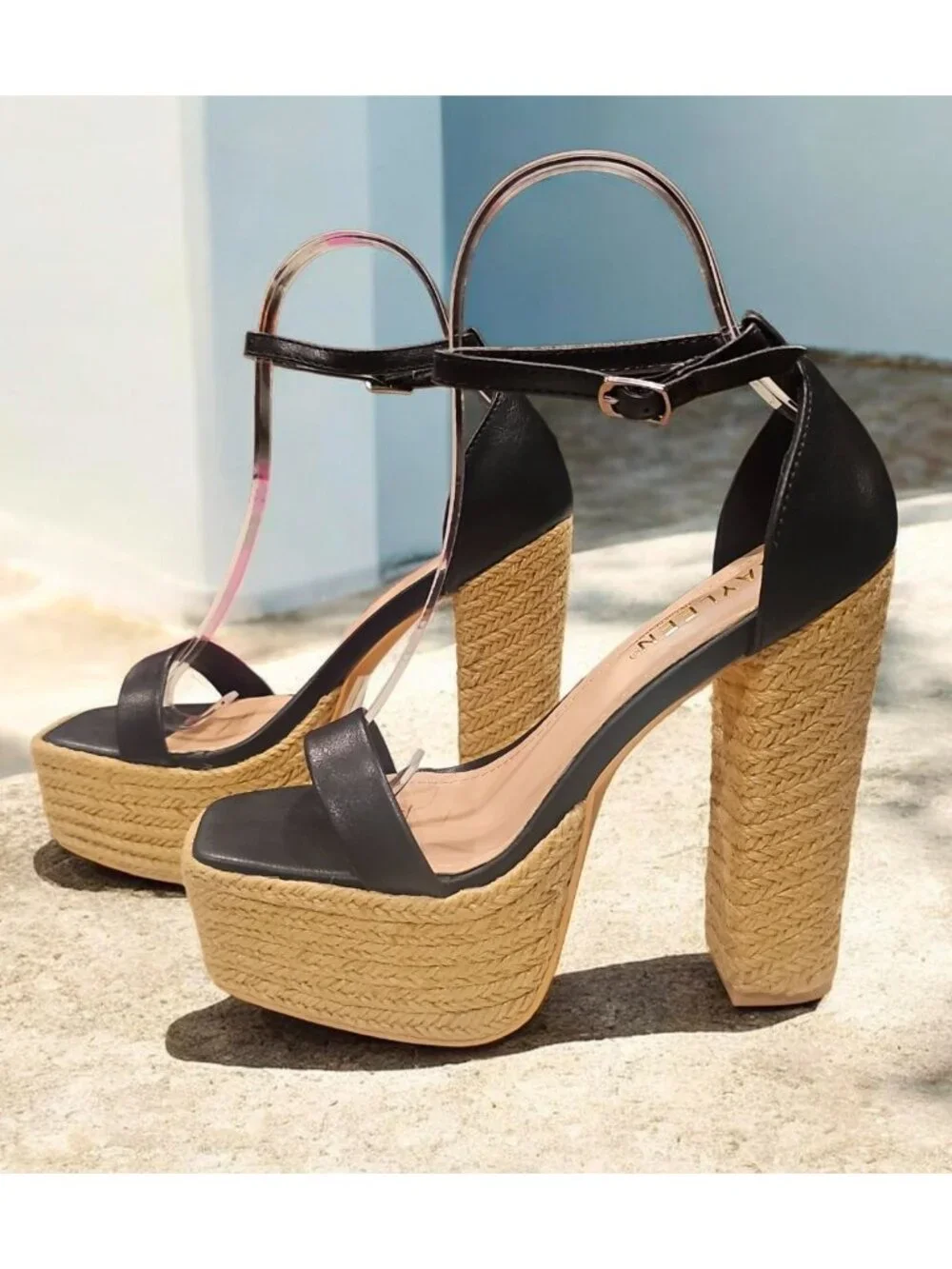Black Platform High Heel Sandals With Woven Straw Sole & Ankle Strap Heel Chic